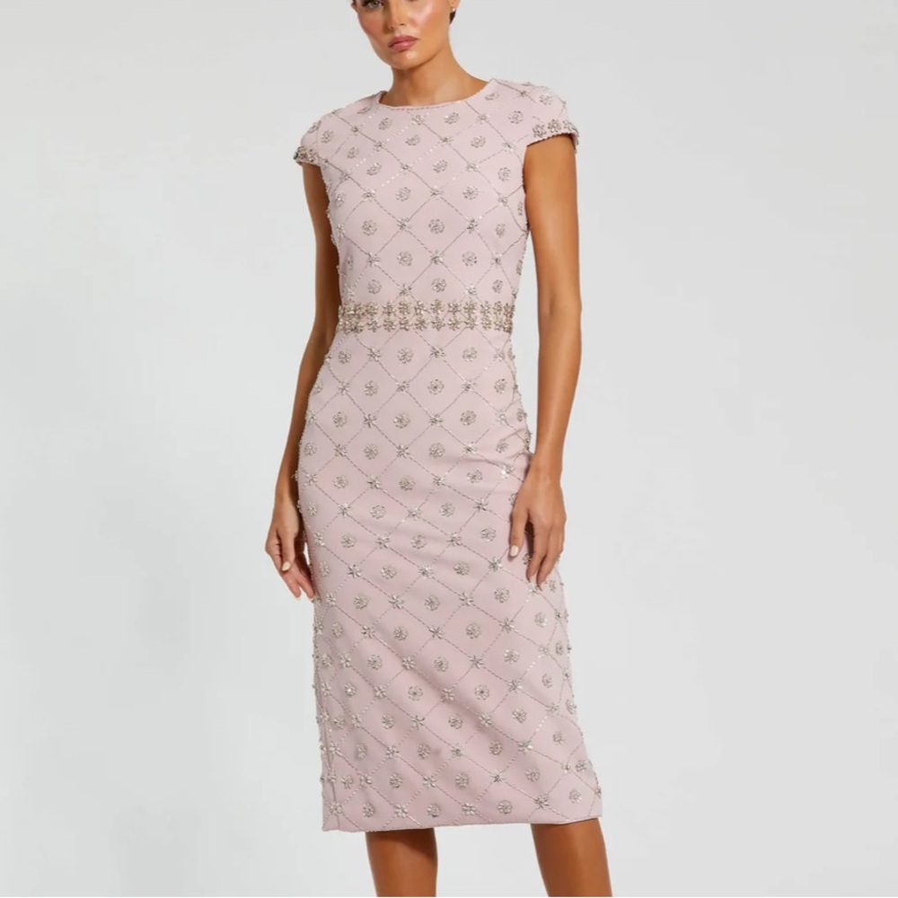 Mac Duggal Pink Hand Embellished High Neck Midi Dress